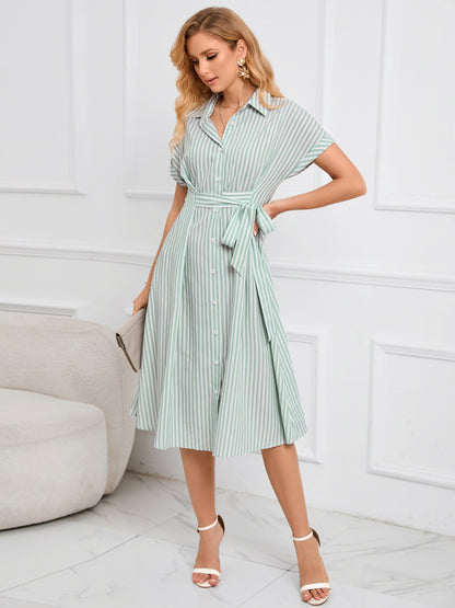 Striped Short Sleeve Tie Waist Midi Dress