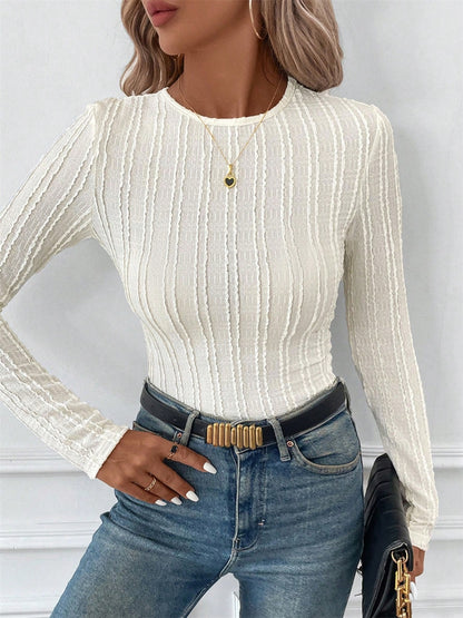 Alfressy Round Neck Long Sleeve Top - Beige - Size S - Opaque & Slightly Stretchy - 95% Polyester, 5% Elastane