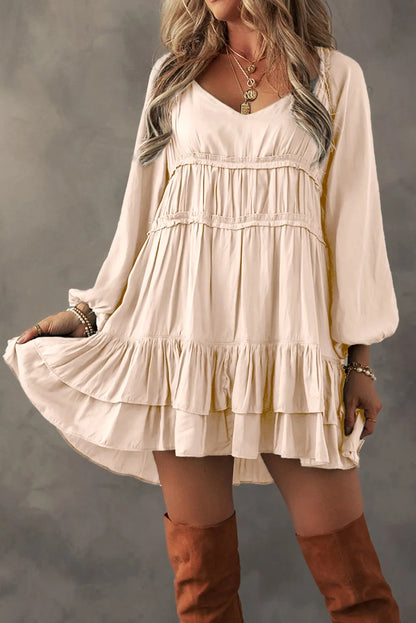 Frill Ruffled V-Neck Long Sleeve Mini Dress