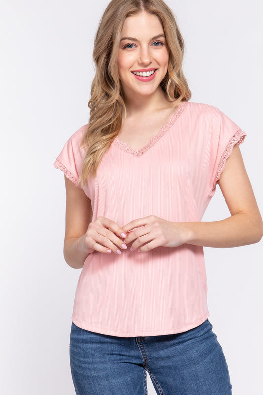 Alfressy Lace Trim V-Neck Short Sleeve Ribbed Top