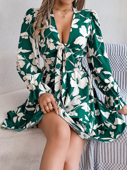 Tied Ruffled Printed Long Sleeve Dress