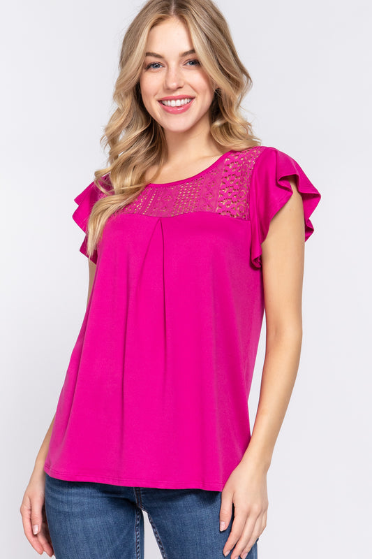 Alfressy Ruffle Short Sleeve Lace Detail Knit Top