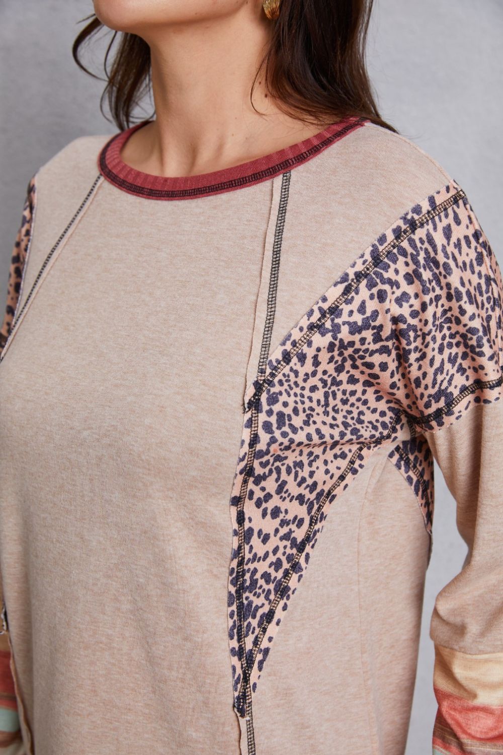 Contrast Stitching Leopard Long Sleeve Blouse