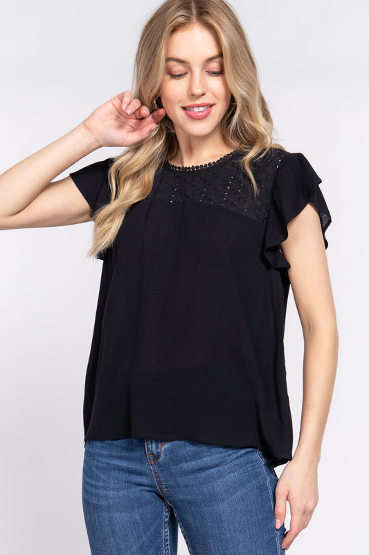 Alfressy Ruffle Short Sleeve Crochet Blouse