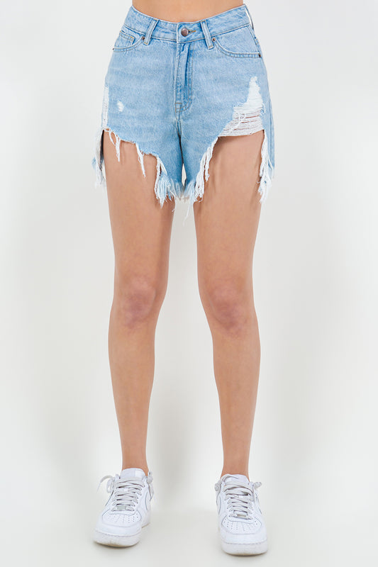 Alfressy High Waist Fringed Hem Denim Shorts