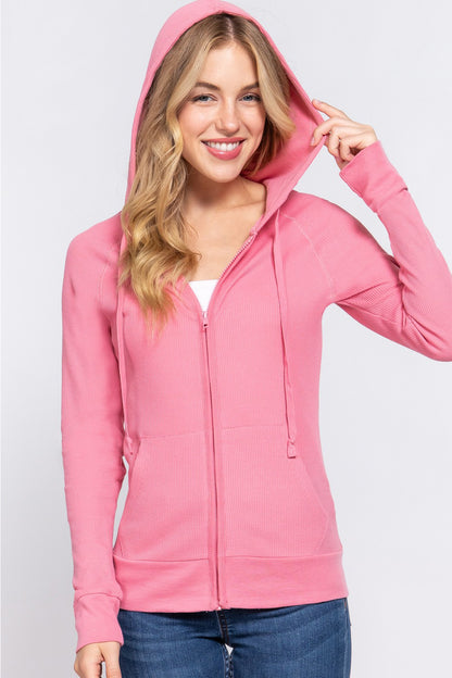 Alfressy Waffle Knit Drawstring Zip Up Long Sleeve Hoodie